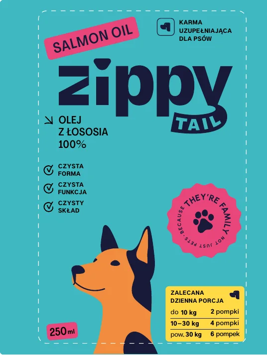 Przód etykiety Zippy Tail Salmon Oil, 250 ml.