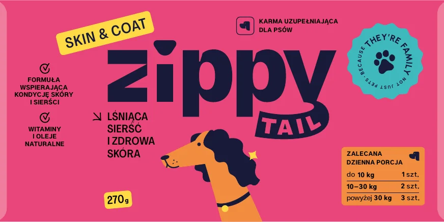 Przód etykiety Zippy Tail Skin & Coat, 270 g.