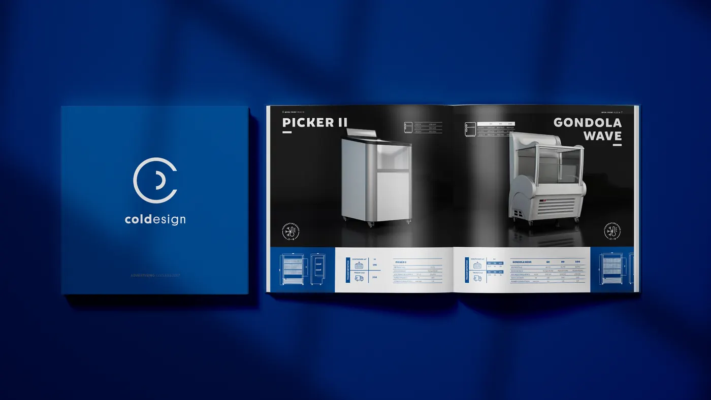Okładka katalogu Coldesign i rozkładówka z urządzeniami Picker II i Gondola Wave