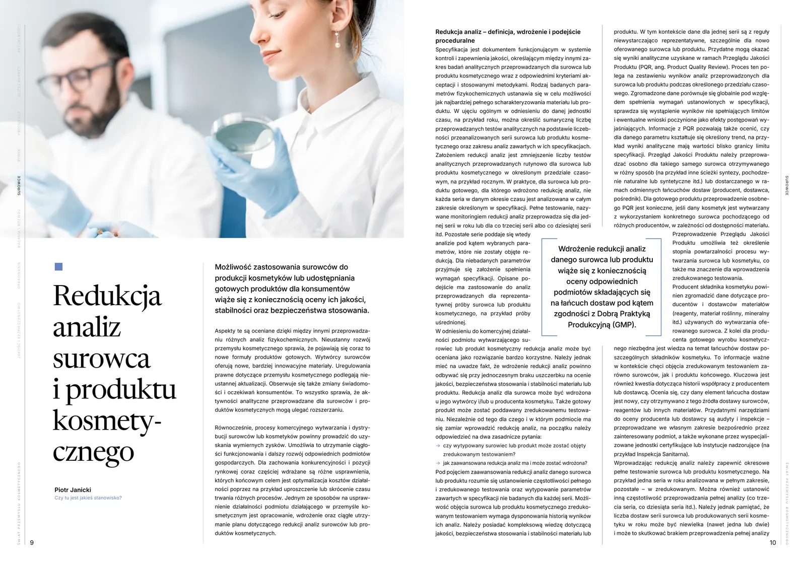 Rozkładówka z artykułem o analizach surowców kosmetycznych