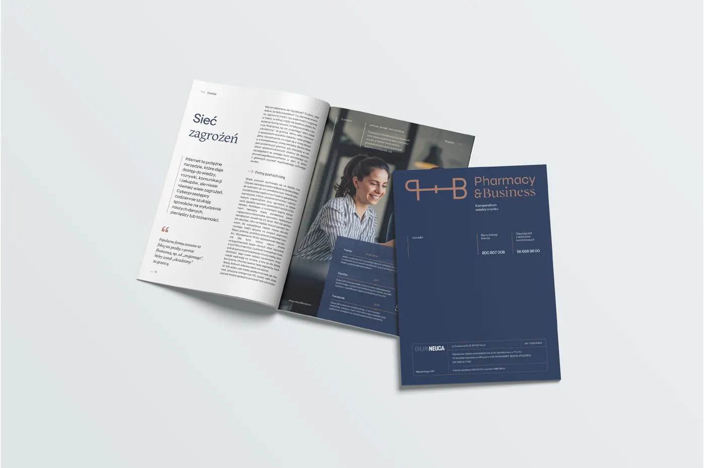 Dwa egzemplarze magazynu Pharmacy & Business, okładka i otwarcie działu