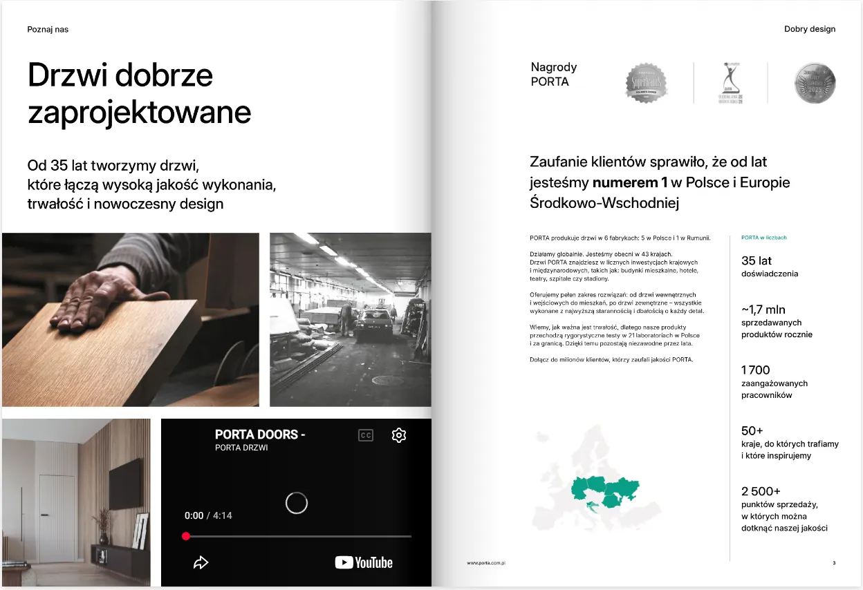 Rozkładówka „Drzwi dobrze zaprojektowane” z liczbami o Porta i mapą Europy