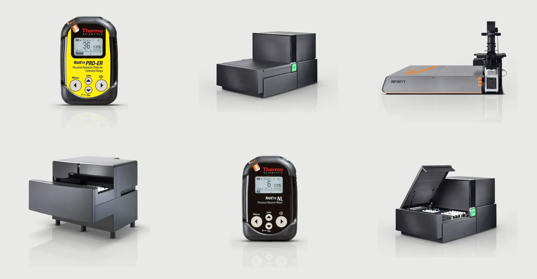 Sześć urządzeń w stylu irtech: wycięte z tła, na jednej jasnoszarej apli, z odbiciem i w podobnej skali.