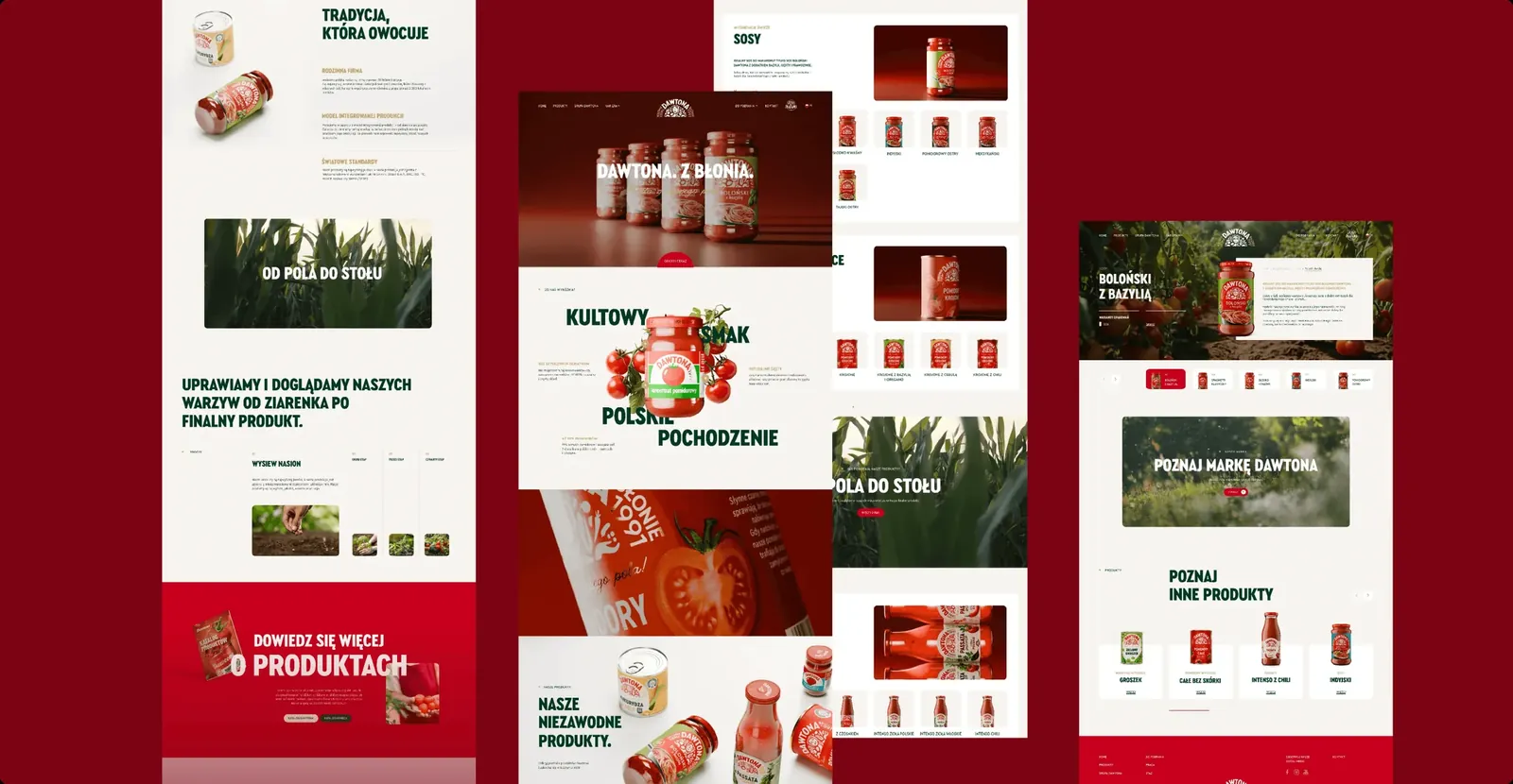 Ekrany serwisu dawtona.pl na bordowym tle: strona główna, strony produktów i marki.