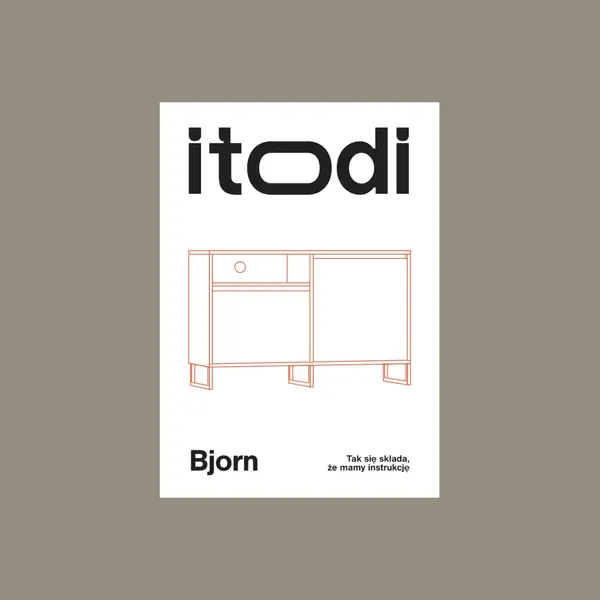 Okładka instrukcji Itodi: duże logo, komoda Bjorn narysowana czerwoną kreską i hasło „Tak się składa, że mamy instrukcję”.