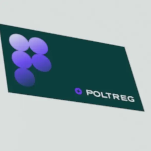 Ciemnozielona wizytówka PolTREG z fioletowymi kołami, które razem tworzą literę P.