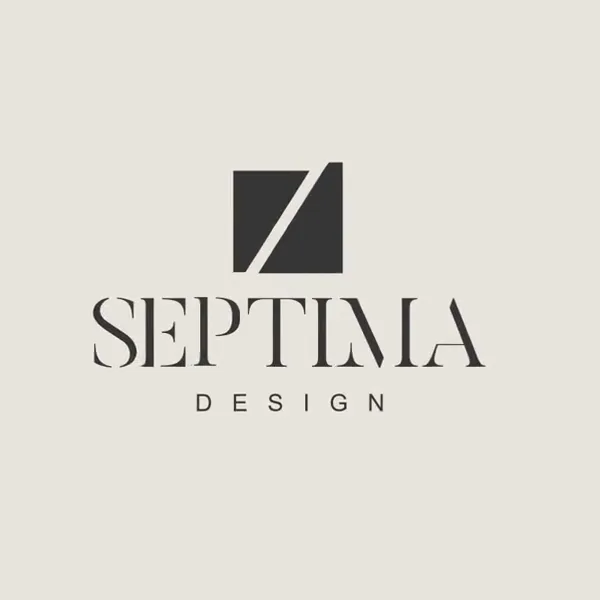 Logo Septima Design: czarny kwadrat z ukośnym cięciem i szeryfowy napis.
