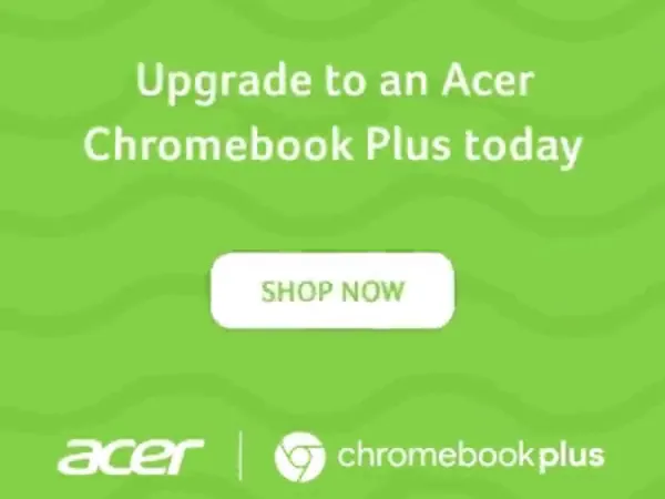 Animowany baner Acer Chromebook Plus: „swap arrrgh!” na czerwonym tle przechodzi w „for ahhh” na zielonym, potem obraca się laptop i pojawia się hasło „Upgrade to an Acer Chromebook Plus today”.