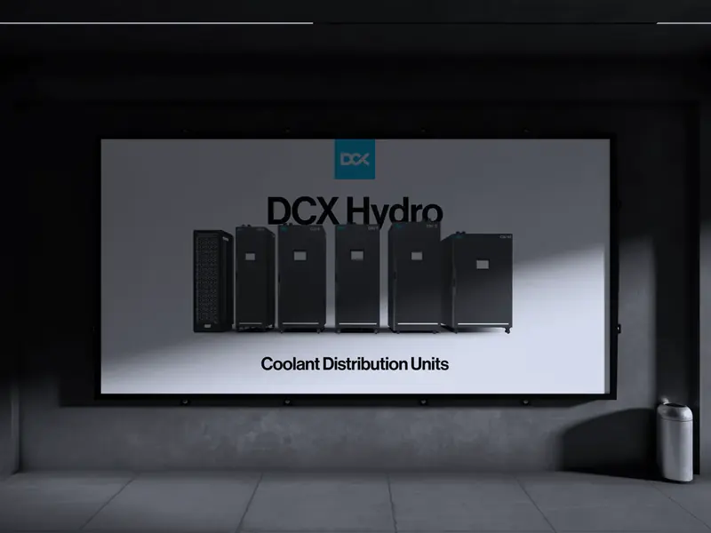 Billboard z linią urządzeń DCX Hydro Coolant Distribution Units na betonowej ścianie.