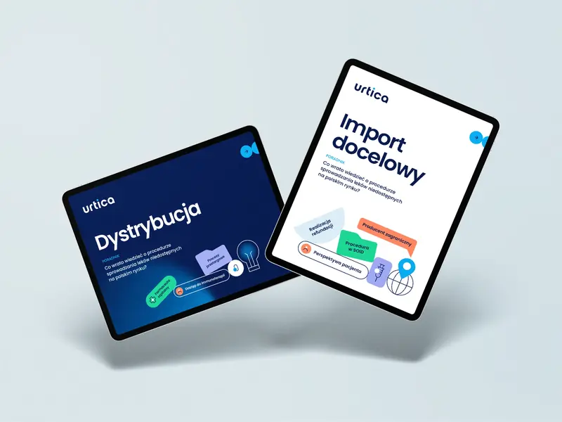 Dwa tablety z okładkami poradników Urtica: granatową „Dystrybucja” i białą „Import docelowy”.