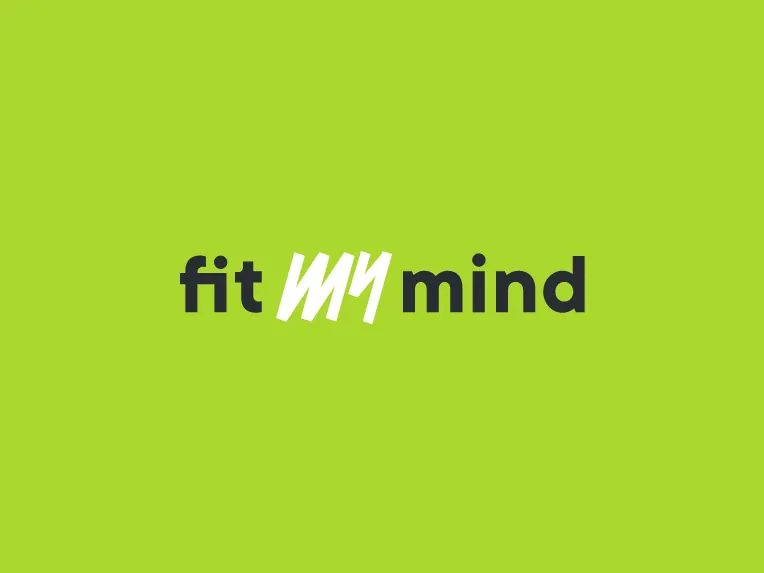 Logo Fit My Mind: napis z odręcznym „my” na limonkowym tle.