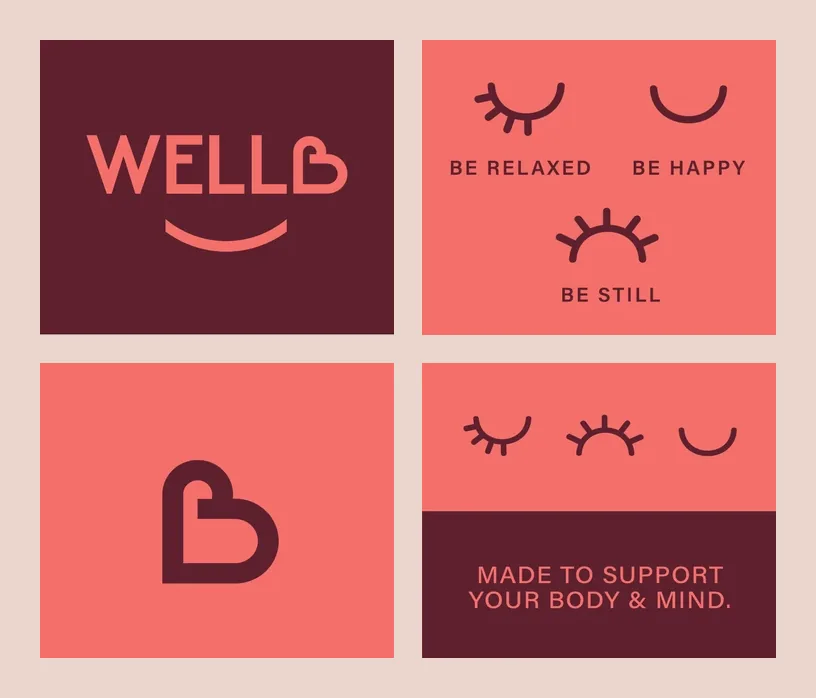 Cztery metki WellB: logo z uśmiechem, hasła be relaxed, be happy i be still z piktogramami oczu, znak B w kształcie serca i napis „Made to support your body & mind”.