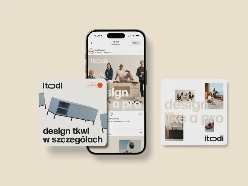 Telefon z profilem itodi i posty z hasłami „design tkwi w szczegółach” i „design like a pro”.