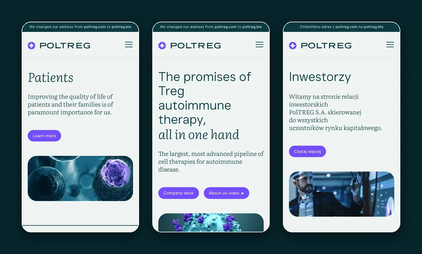 Trzy ekrany strony PolTREG na telefonie: zakładka Patients, strona główna z hasłem „The promises of Treg autoimmune therapy, all in one hand” i sekcja Inwestorzy.