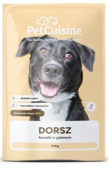 Saszetka PetCuisine, smak dorsz: pies na beżowym tle.