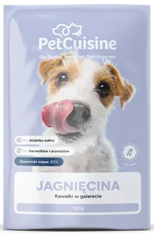 Saszetka PetCuisine, smak jagnięcina: pies na niebieskim tle.