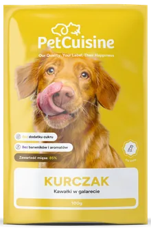 Saszetka PetCuisine, smak kurczak: pies na żółtym tle.