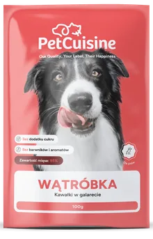 Saszetka PetCuisine, smak wątróbka: pies na czerwonym tle.