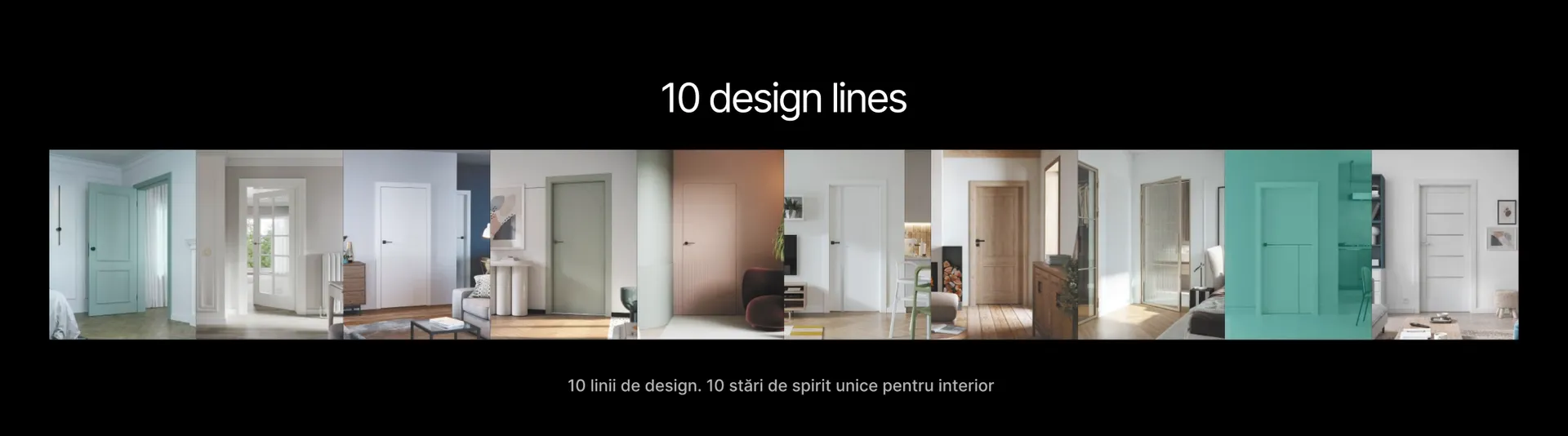 Kadr z prezentacji Porty na ścianie LED: napis „10 design lines” nad pasem zdjęć wnętrz z drzwiami dziesięciu linii wzorniczych.