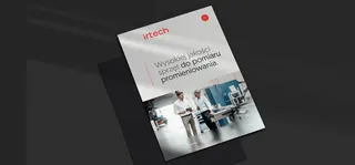 Broszura irtech na ciemnym tle, okładka ze zdjęciem laboratorium.
