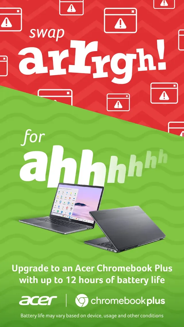 Plakat cyfrowy Chromebook Plus „Swap arrgh for ahhh”.