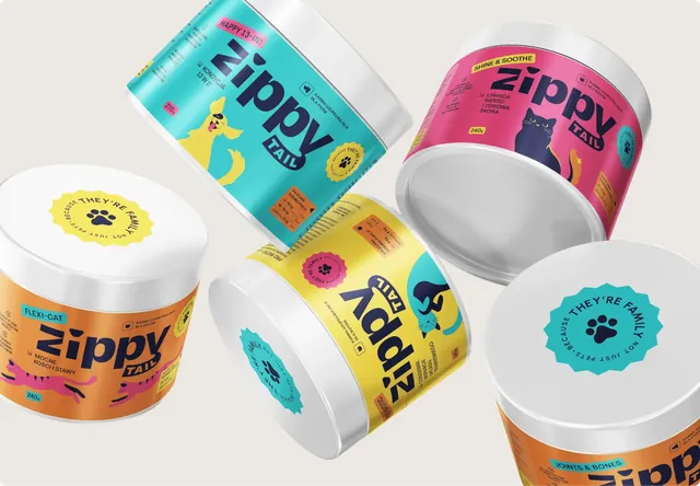 Pięć opakowań Zippy Tail w kolorach linii.