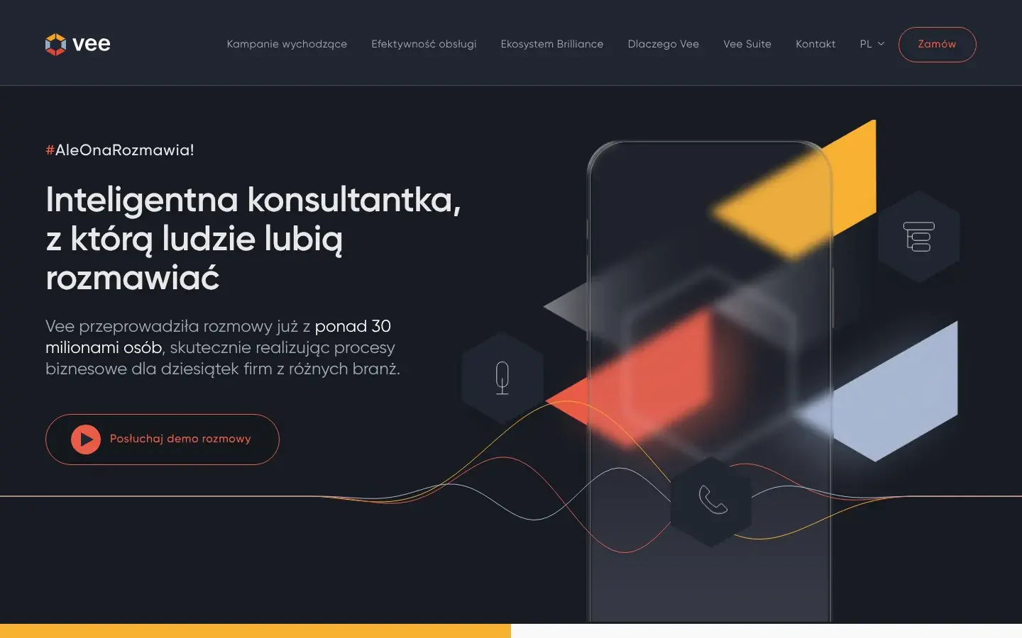 Strona vee.ai z przyciskiem „Posłuchaj demo rozmowy”.