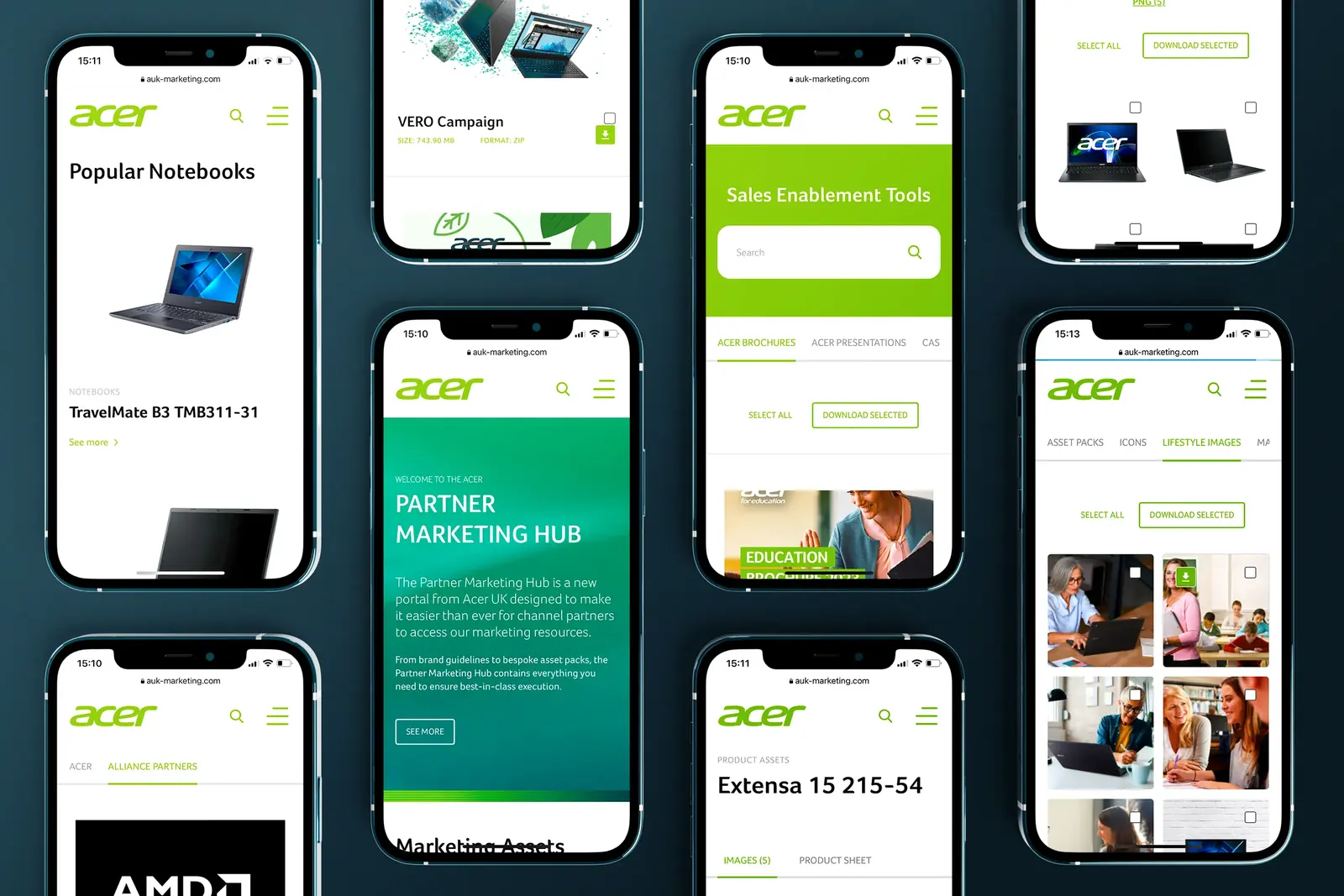 Partner Marketing Hub Acer UK na kilkunastu telefonach.