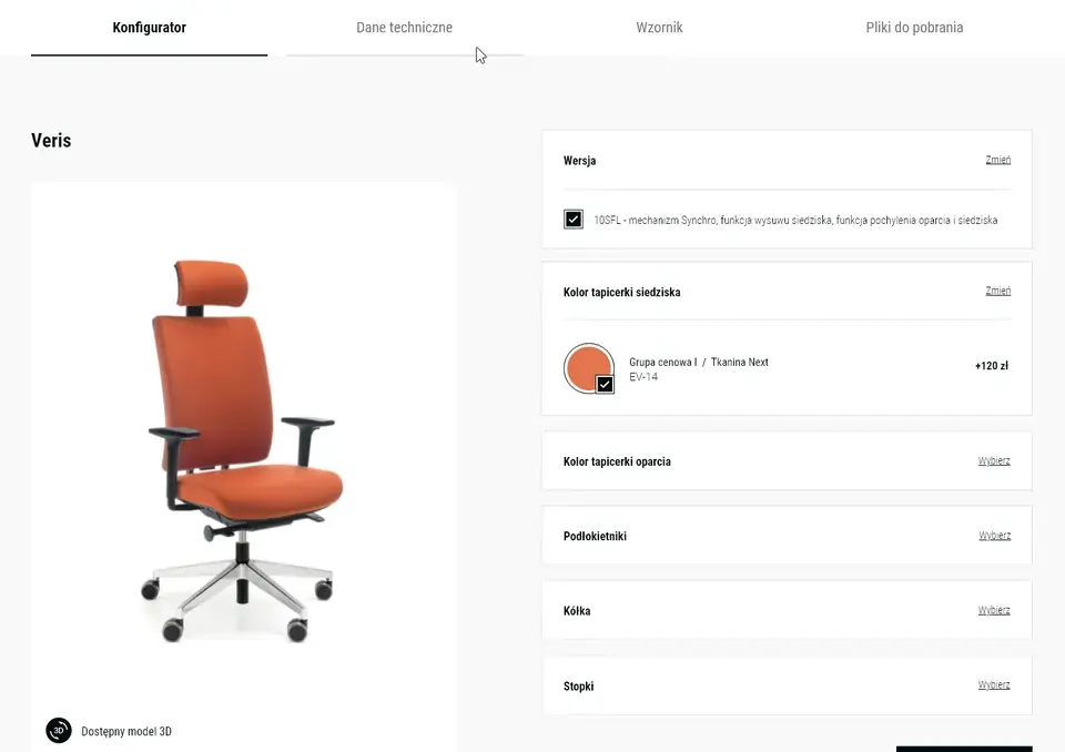 Konfigurator na karcie fotela w projekcie strony Hana Design.